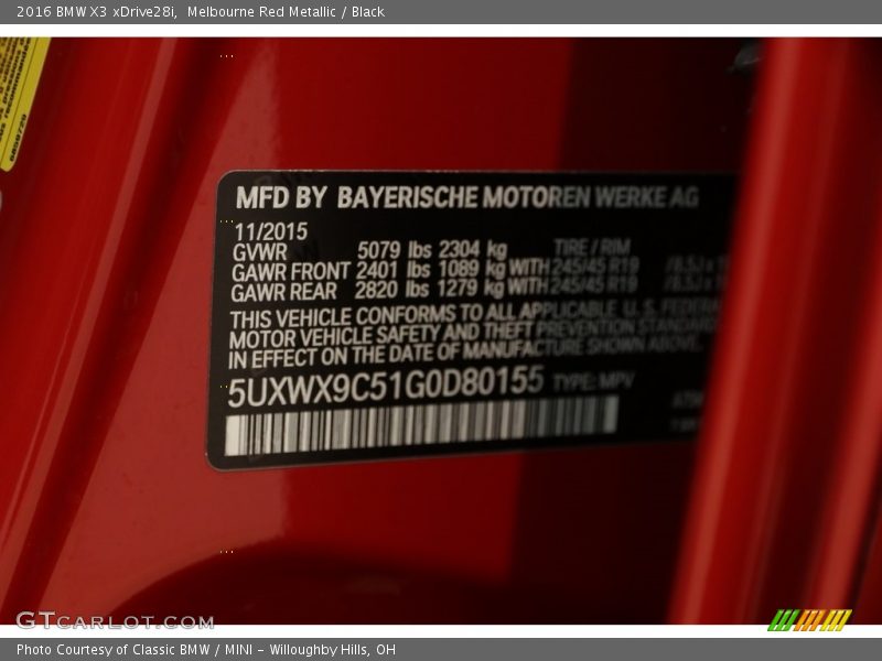 Melbourne Red Metallic / Black 2016 BMW X3 xDrive28i