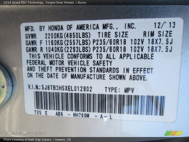 Forged Silver Metallic / Ebony 2014 Acura RDX Technology