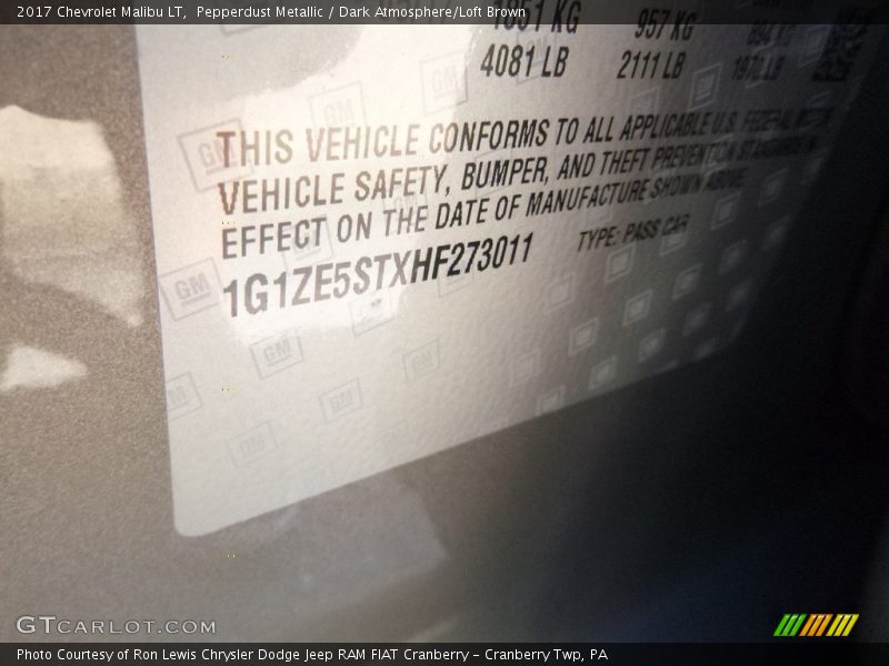 Pepperdust Metallic / Dark Atmosphere/Loft Brown 2017 Chevrolet Malibu LT