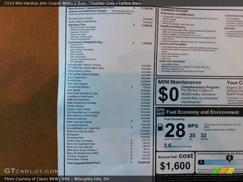  2019 Hardtop John Cooper Works 2 Door Window Sticker
