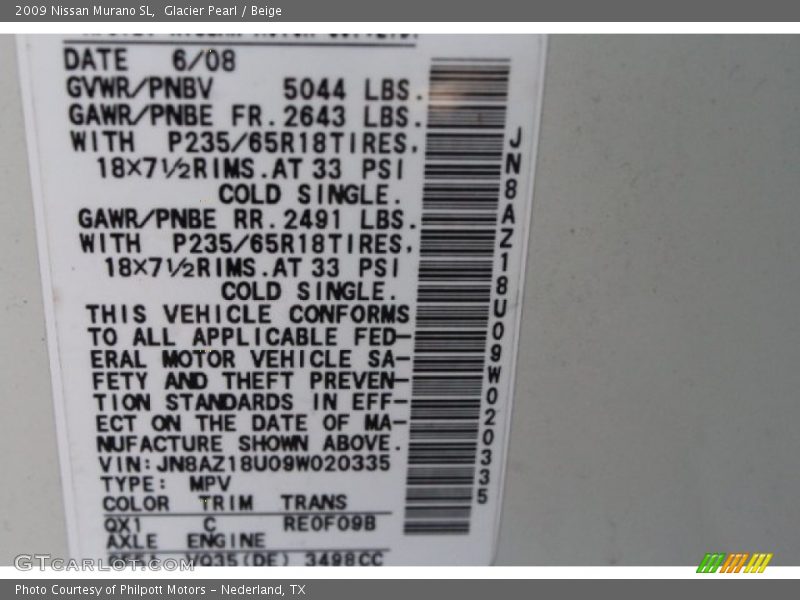 Glacier Pearl / Beige 2009 Nissan Murano SL