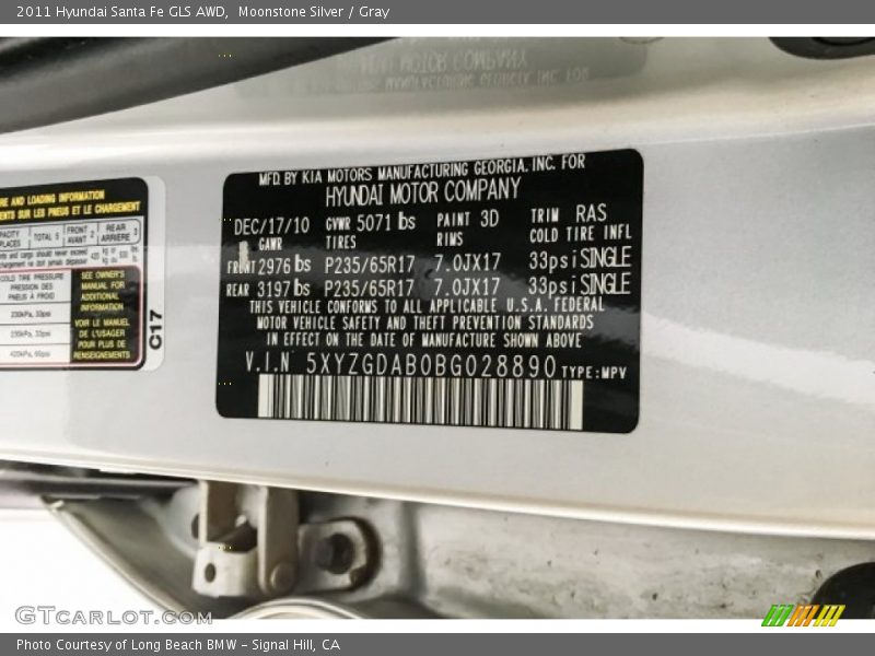 Moonstone Silver / Gray 2011 Hyundai Santa Fe GLS AWD