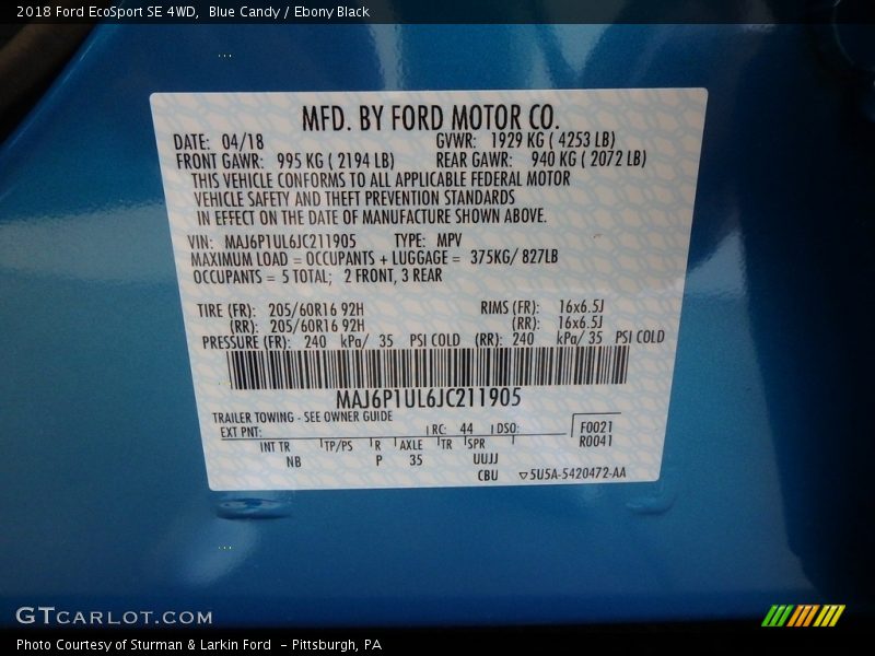 Blue Candy / Ebony Black 2018 Ford EcoSport SE 4WD