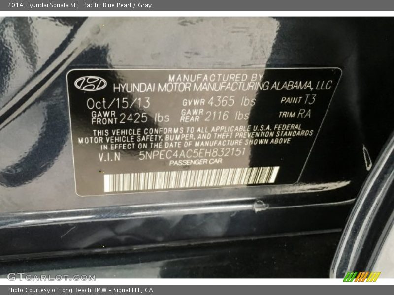 Pacific Blue Pearl / Gray 2014 Hyundai Sonata SE