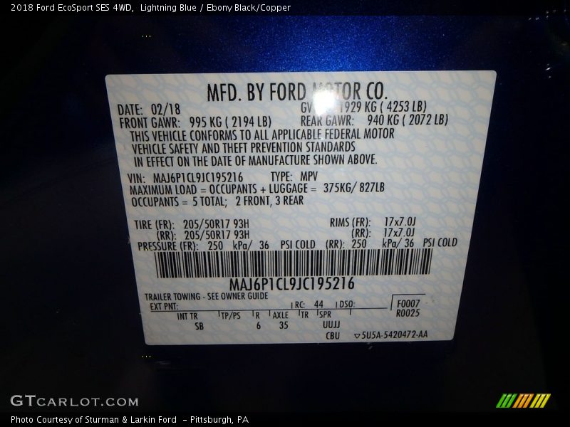 Lightning Blue / Ebony Black/Copper 2018 Ford EcoSport SES 4WD