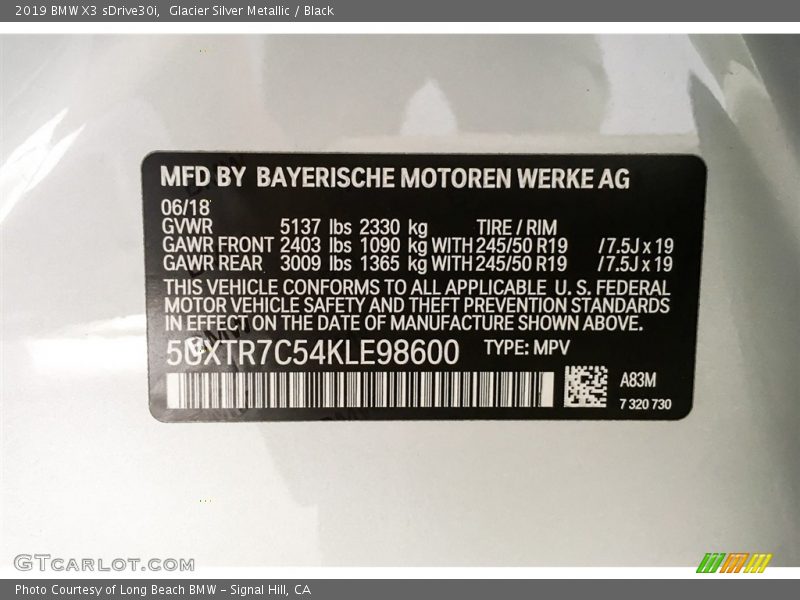 Glacier Silver Metallic / Black 2019 BMW X3 sDrive30i