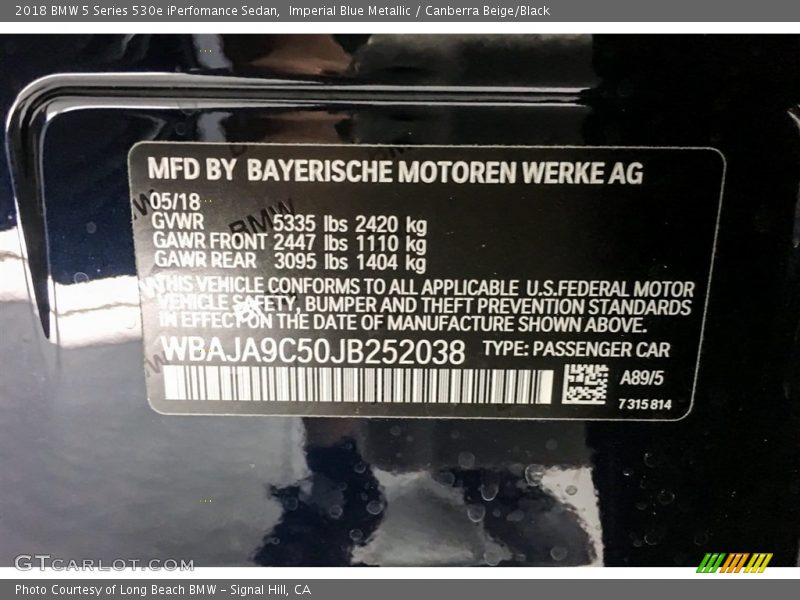 Imperial Blue Metallic / Canberra Beige/Black 2018 BMW 5 Series 530e iPerfomance Sedan