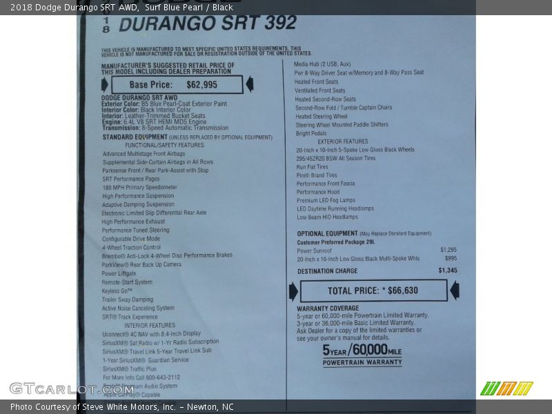  2018 Durango SRT AWD Window Sticker