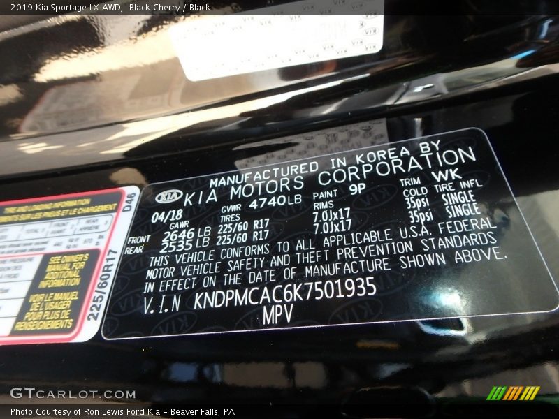 Black Cherry / Black 2019 Kia Sportage LX AWD