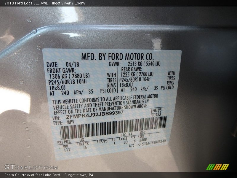 Ingot Silver / Ebony 2018 Ford Edge SEL AWD