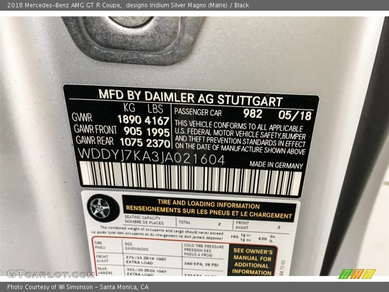 2018 AMG GT R Coupe designo Iridium Silver Magno (Matte) Color Code 982
