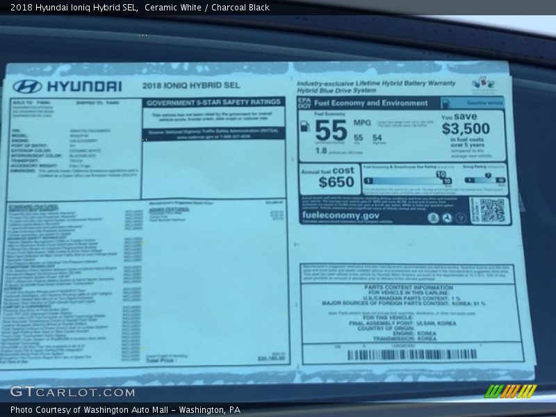 Ceramic White / Charcoal Black 2018 Hyundai Ioniq Hybrid SEL