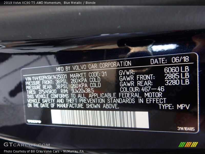 Blue Metallic / Blonde 2019 Volvo XC90 T5 AWD Momentum