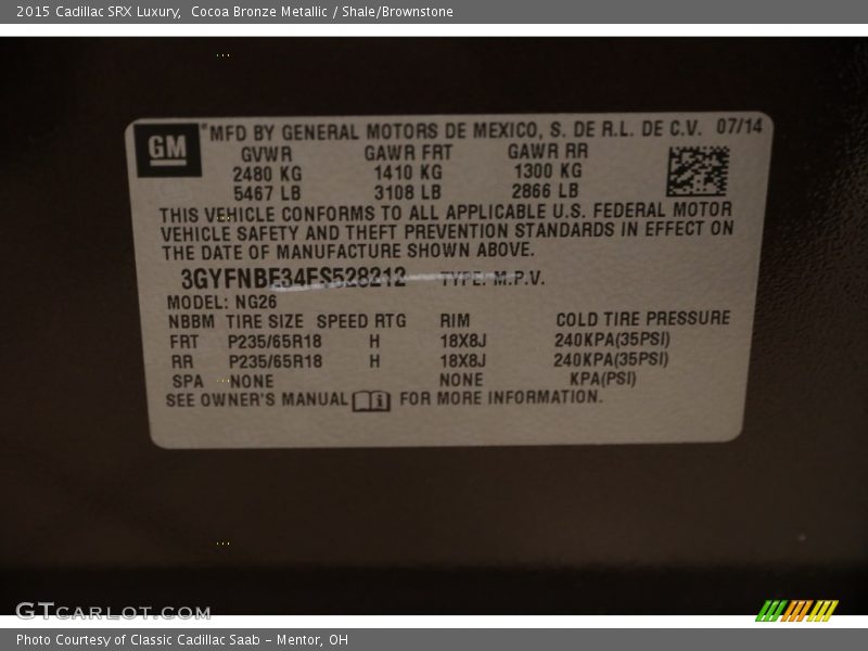 Cocoa Bronze Metallic / Shale/Brownstone 2015 Cadillac SRX Luxury