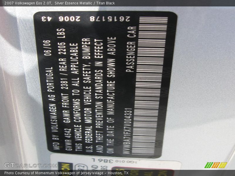 Silver Essence Metallic / Titan Black 2007 Volkswagen Eos 2.0T