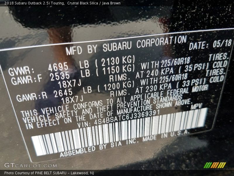 Crystal Black Silica / Java Brown 2018 Subaru Outback 2.5i Touring