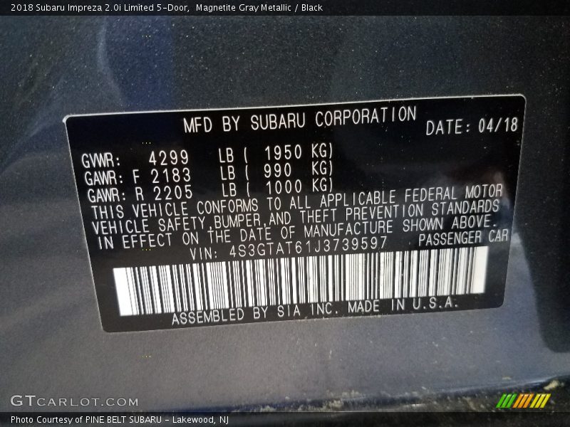 Magnetite Gray Metallic / Black 2018 Subaru Impreza 2.0i Limited 5-Door