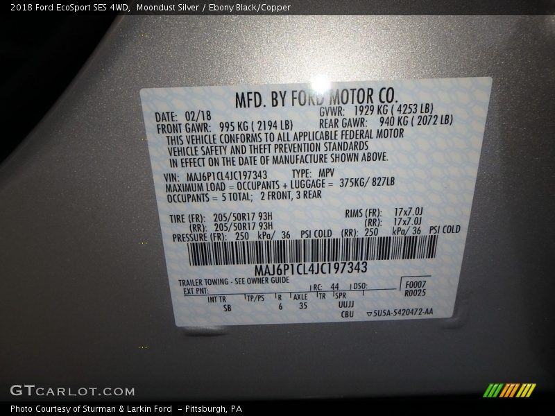 Moondust Silver / Ebony Black/Copper 2018 Ford EcoSport SES 4WD
