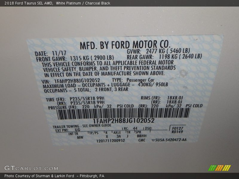 White Platinum / Charcoal Black 2018 Ford Taurus SEL AWD