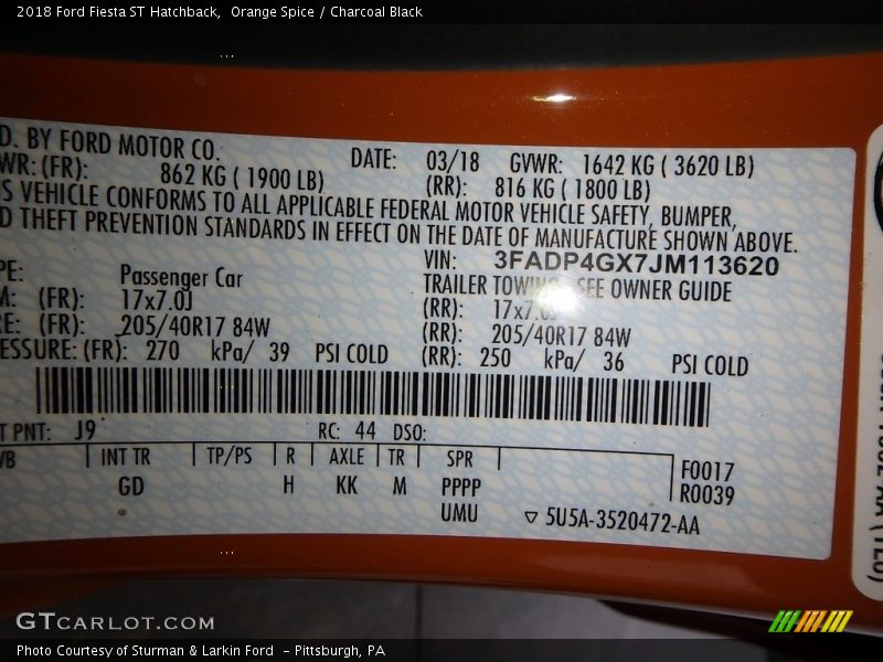 2018 Fiesta ST Hatchback Orange Spice Color Code J9