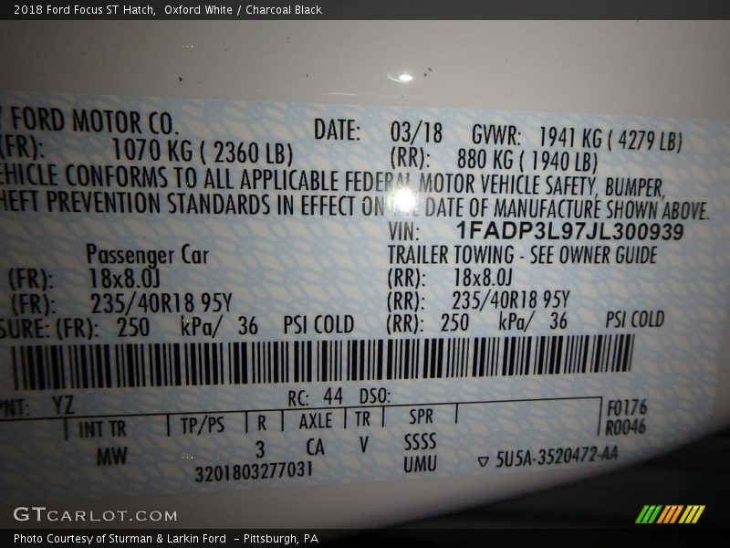 2018 Focus ST Hatch Oxford White Color Code YZ