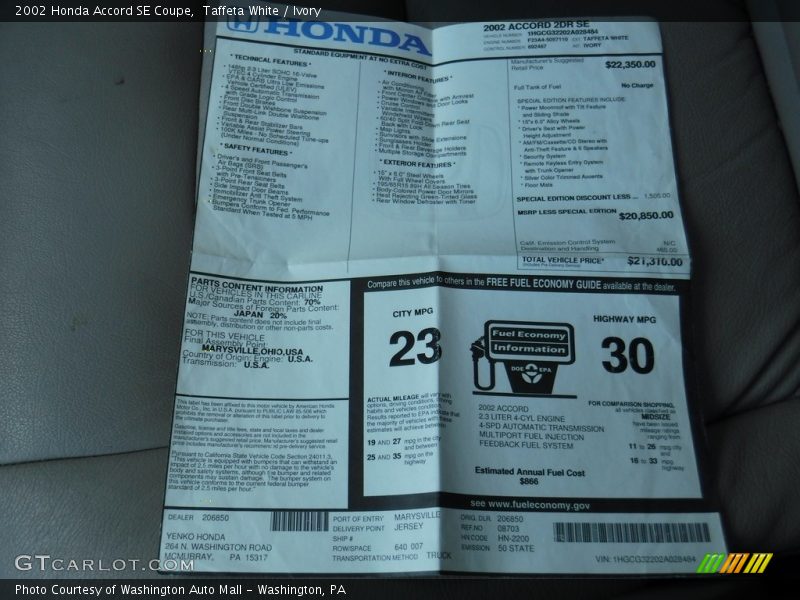 Taffeta White / Ivory 2002 Honda Accord SE Coupe