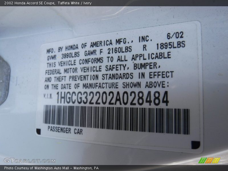 Taffeta White / Ivory 2002 Honda Accord SE Coupe