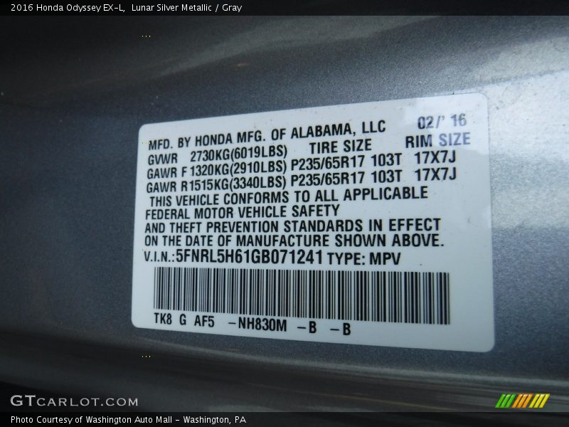 Lunar Silver Metallic / Gray 2016 Honda Odyssey EX-L