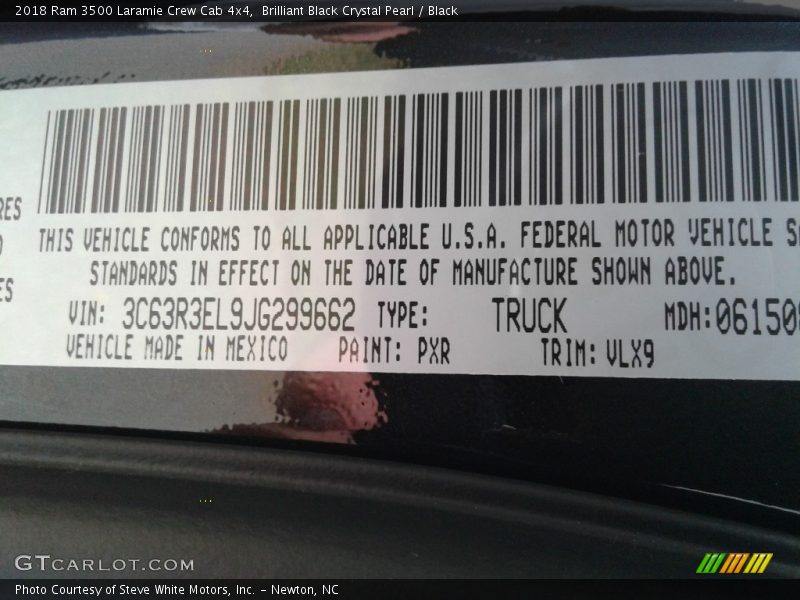 2018 3500 Laramie Crew Cab 4x4 Brilliant Black Crystal Pearl Color Code PXR