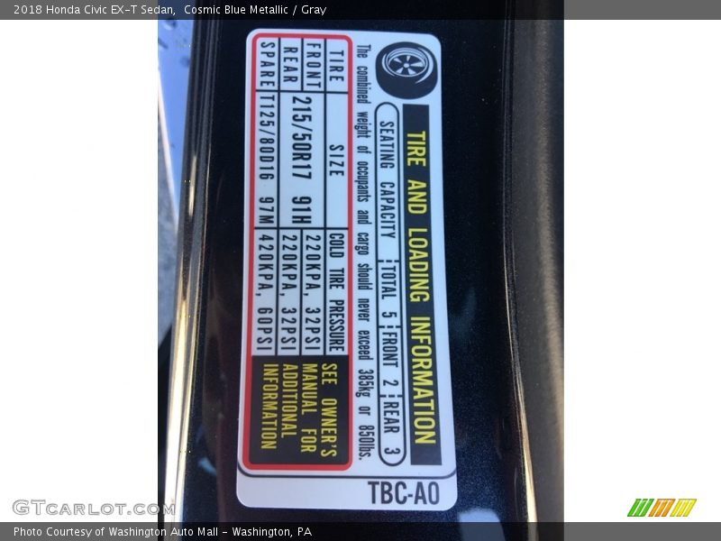 Cosmic Blue Metallic / Gray 2018 Honda Civic EX-T Sedan