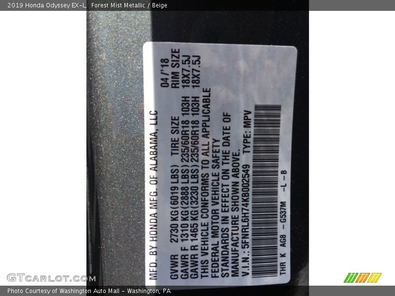 Forest Mist Metallic / Beige 2019 Honda Odyssey EX-L