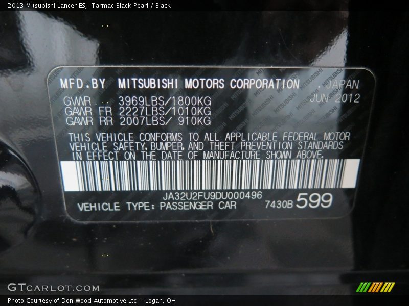 Tarmac Black Pearl / Black 2013 Mitsubishi Lancer ES