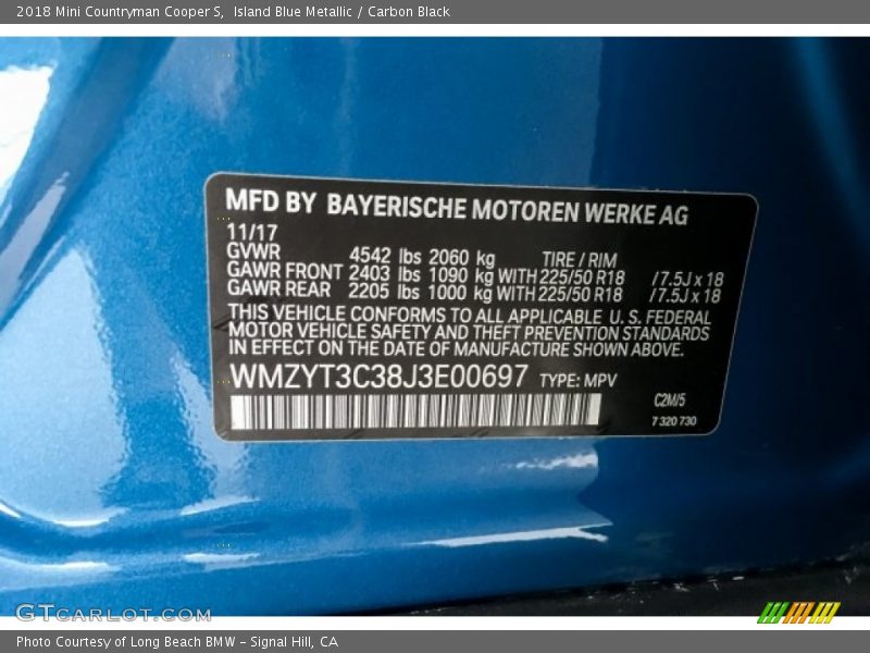 Island Blue Metallic / Carbon Black 2018 Mini Countryman Cooper S