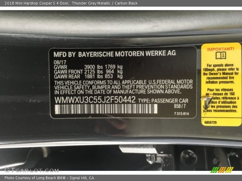 2018 Hardtop Cooper S 4 Door Thunder Grey Metallic Color Code B58