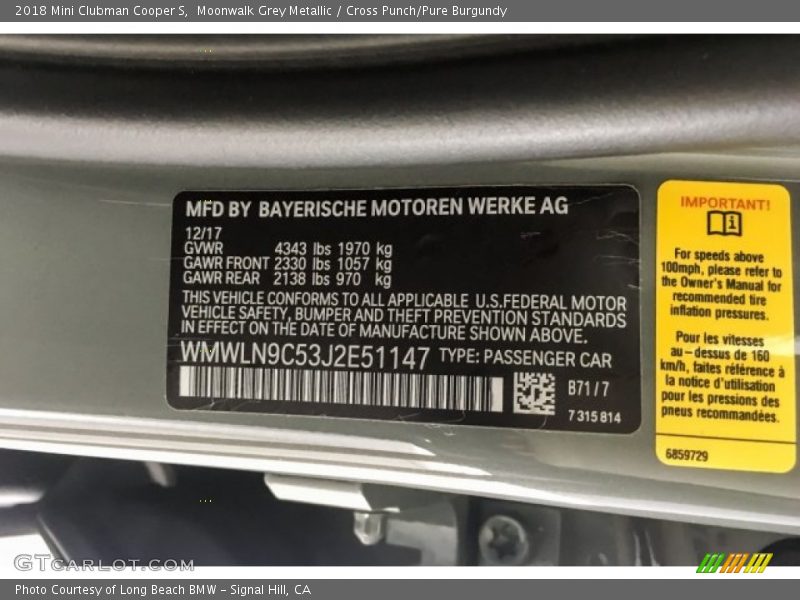 2018 Clubman Cooper S Moonwalk Grey Metallic Color Code B71