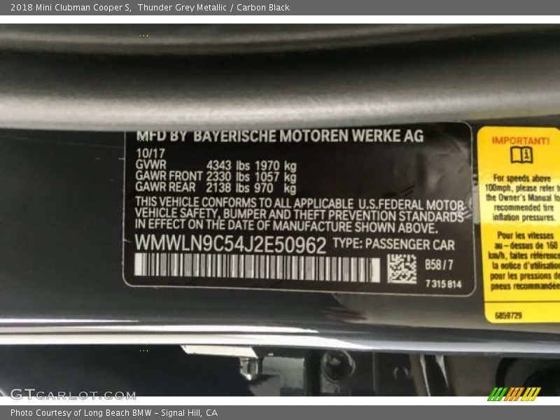 2018 Clubman Cooper S Thunder Grey Metallic Color Code B58