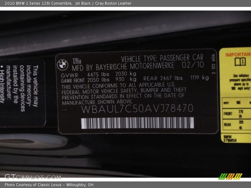 Jet Black / Gray Boston Leather 2010 BMW 1 Series 128i Convertible