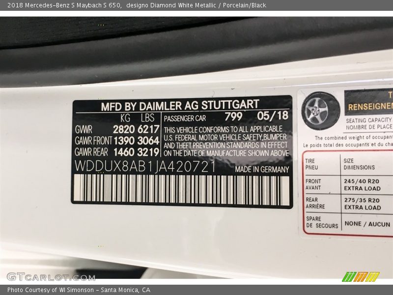 2018 S Maybach S 650 designo Diamond White Metallic Color Code 799