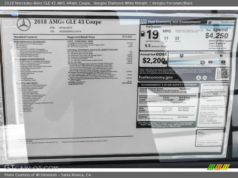  2018 GLE 43 AMG 4Matic Coupe Window Sticker