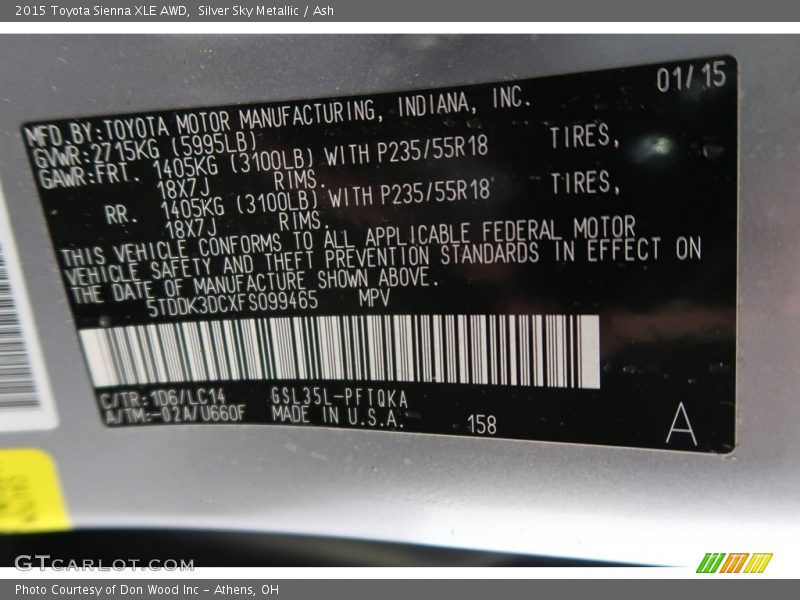 Silver Sky Metallic / Ash 2015 Toyota Sienna XLE AWD