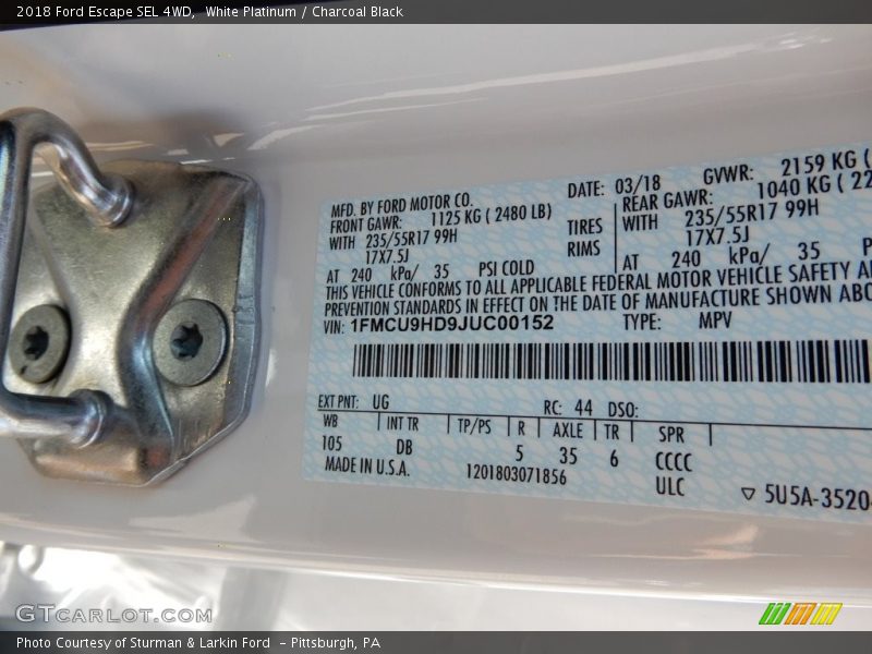 White Platinum / Charcoal Black 2018 Ford Escape SEL 4WD