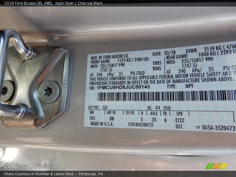 Ingot Silver / Charcoal Black 2018 Ford Escape SEL 4WD