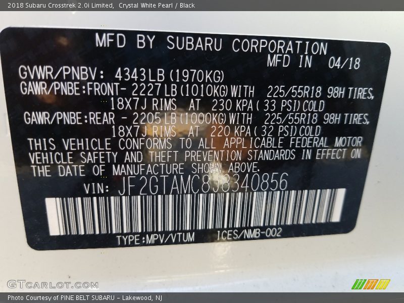Crystal White Pearl / Black 2018 Subaru Crosstrek 2.0i Limited