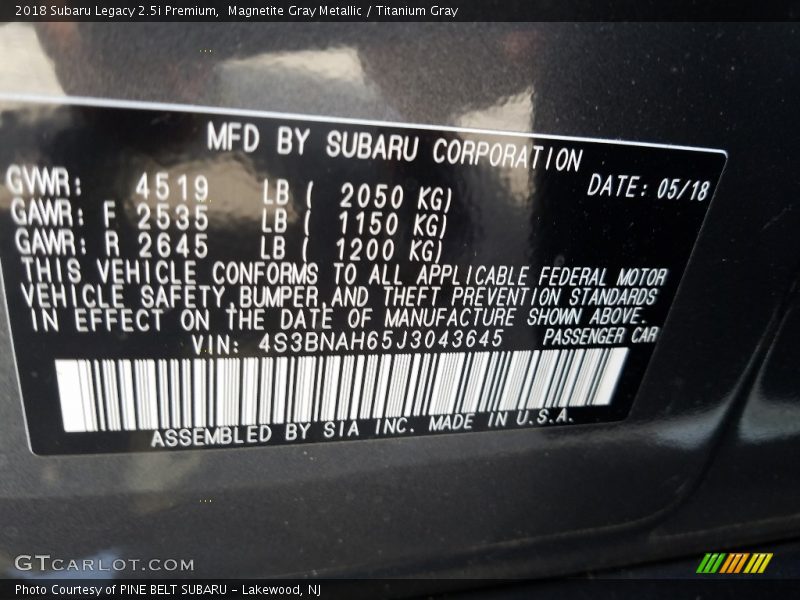 Magnetite Gray Metallic / Titanium Gray 2018 Subaru Legacy 2.5i Premium