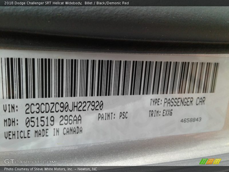 2018 Challenger SRT Hellcat Widebody Billet Color Code PSC