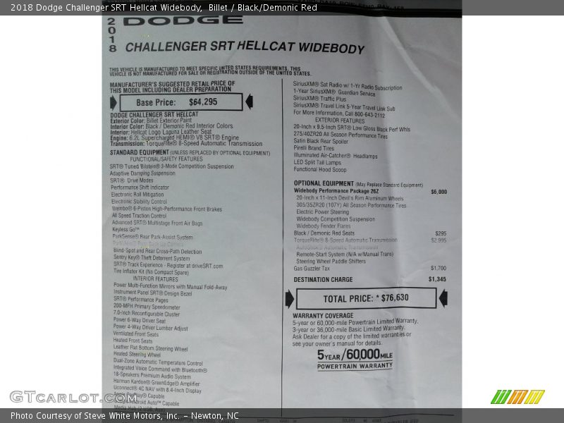  2018 Challenger SRT Hellcat Widebody Window Sticker