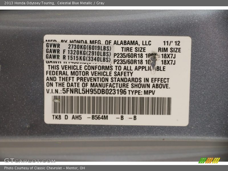 Celestial Blue Metallic / Gray 2013 Honda Odyssey Touring