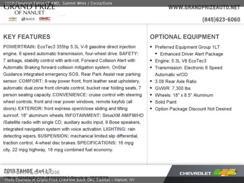 Summit White / Cocoa/Dune 2018 Chevrolet Tahoe LT 4WD