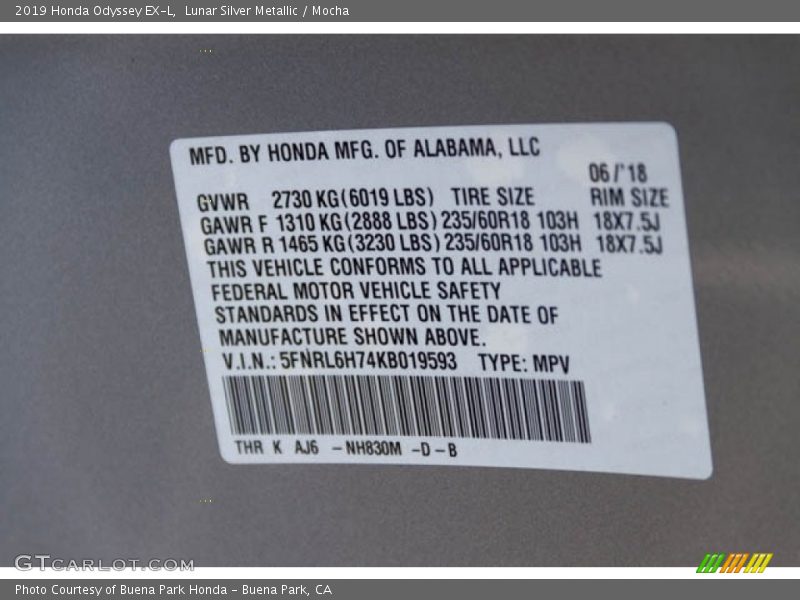 Lunar Silver Metallic / Mocha 2019 Honda Odyssey EX-L