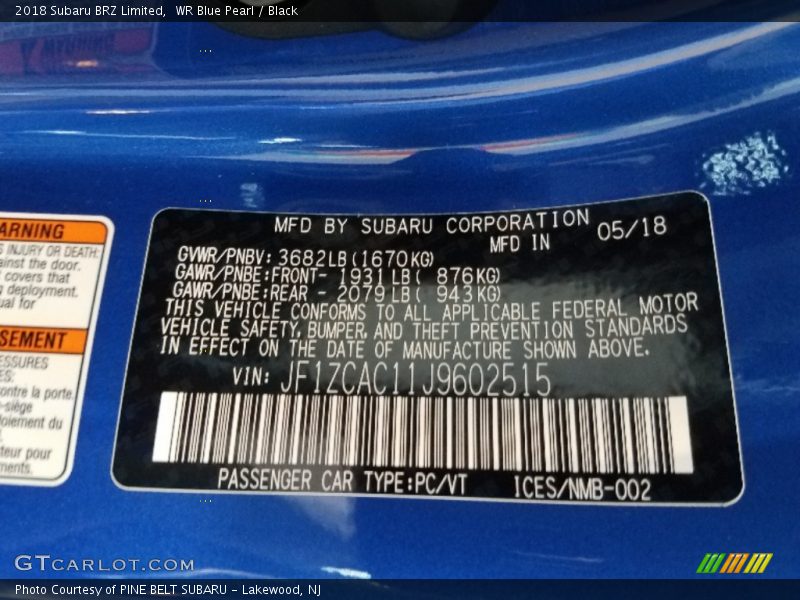 WR Blue Pearl / Black 2018 Subaru BRZ Limited
